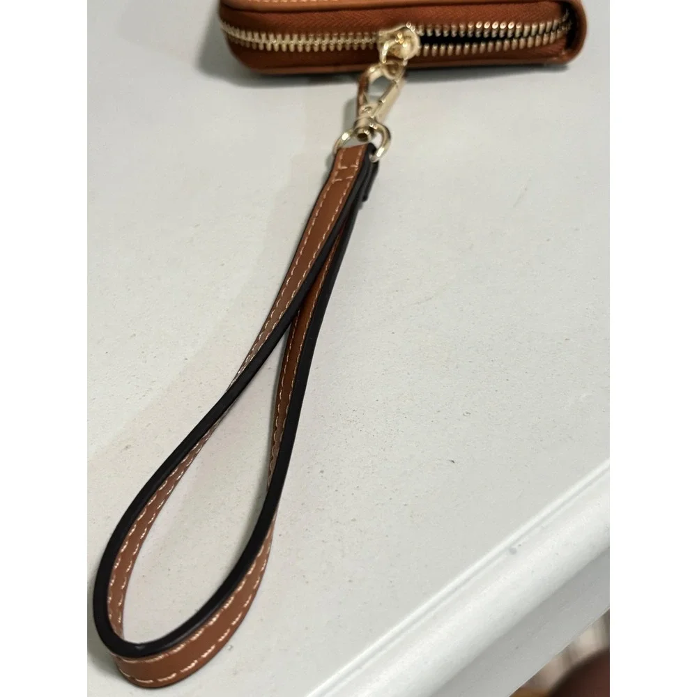 True Religion Denim Zip Around Wristlet Wallet Blue Brown Buddha Logo Patch
